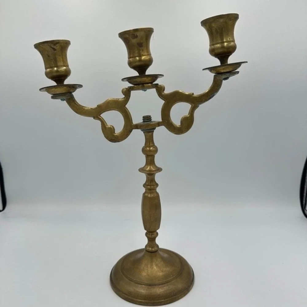 Antique Brass Candelabra 3 Arm Taper Candle‎ Holder Ornate Tabletop Decor